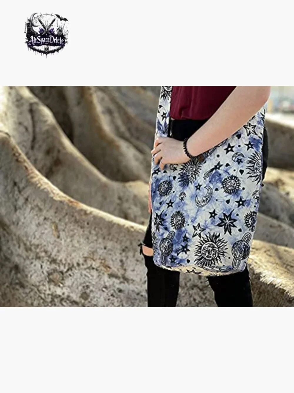 Large Cotton Crossbody Hobo Bag with Celestial Pattern, Zipper Closure_4